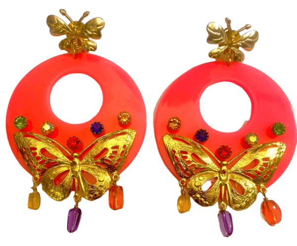 Pendientes Flamenca con Aro Rosa, Mariposa Dorada, Piedras y Lagrimas de Colores