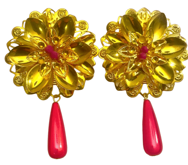 Pendiente Flamenca Flor Dorada, Piedras y Lagrima Rosa