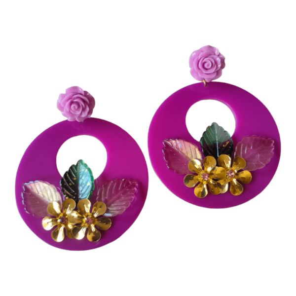 Pendientes Flamenca Aro Fucsia con Hojas de Resina y Flores Doradas
