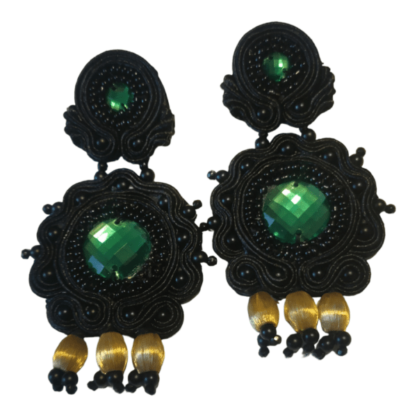 Pendientes de Soutache con Alamares Taurinos en Negro y Verde y borlas Oro