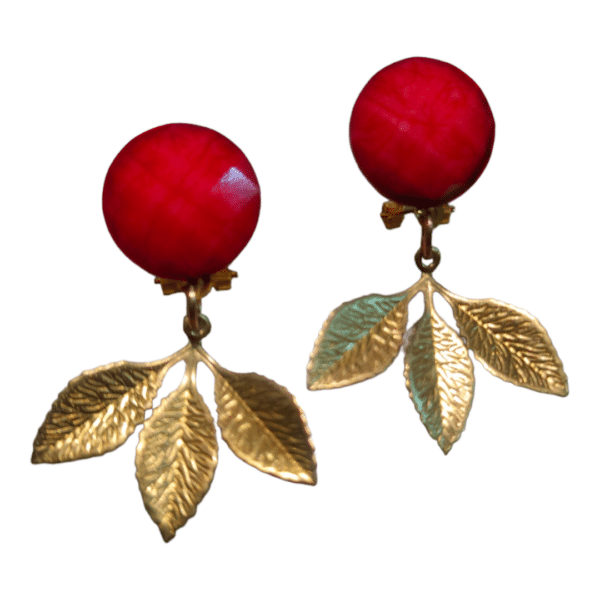 Pendientes de Hojas Doradas con Tapón Rojo Coral