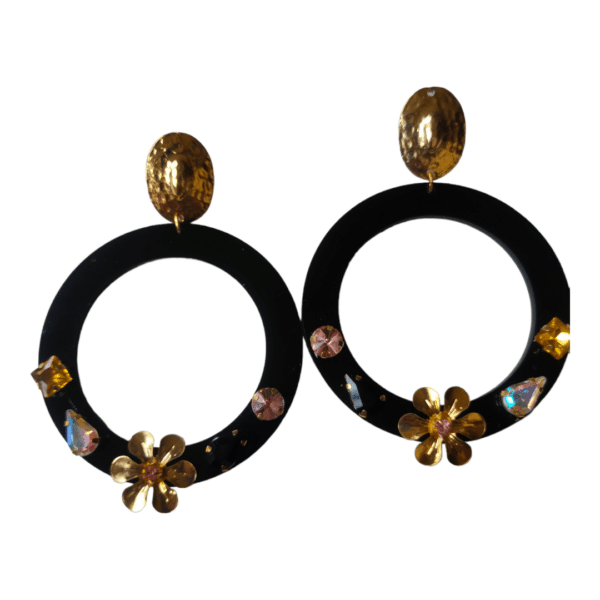 Pendientes Aro Flamenca Negro con Flor Dorada y Pedrería