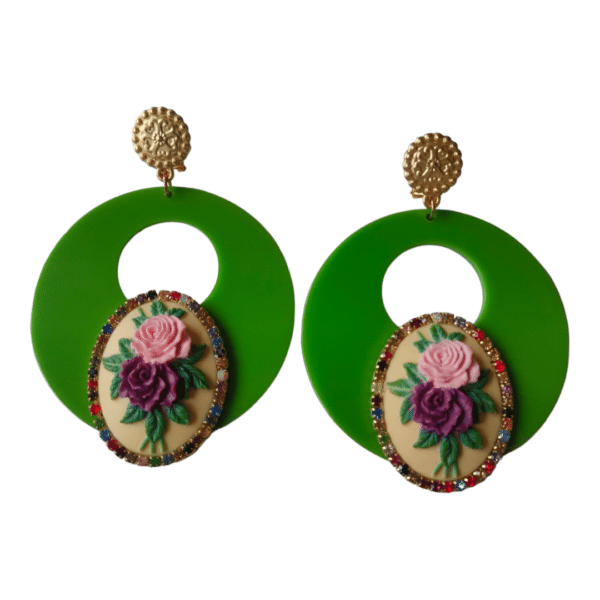 Pendientes Aro Flamenca Verdes con Camafeo y Strass de Colores