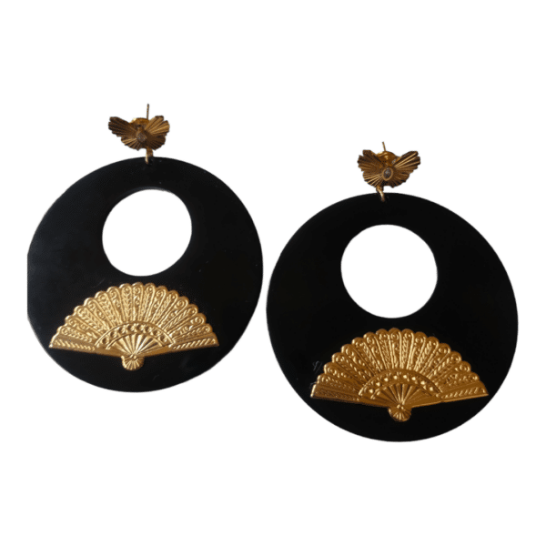 Pendientes de Aro Flamenca Negros con Abanico Dorado