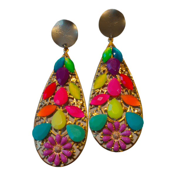 Pendientes Flamencos Tipo Lágrima Dorados con Pedrería de Colores y Flor Rosa