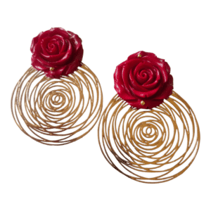 Pendientes Flamenca Dorados Flor Roja Vino